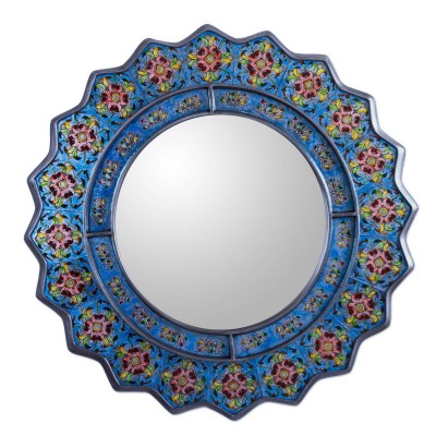 Glass Mirror Reverse Painted Blue Floral 'Bluebells' NOVICA Peru    382176497527